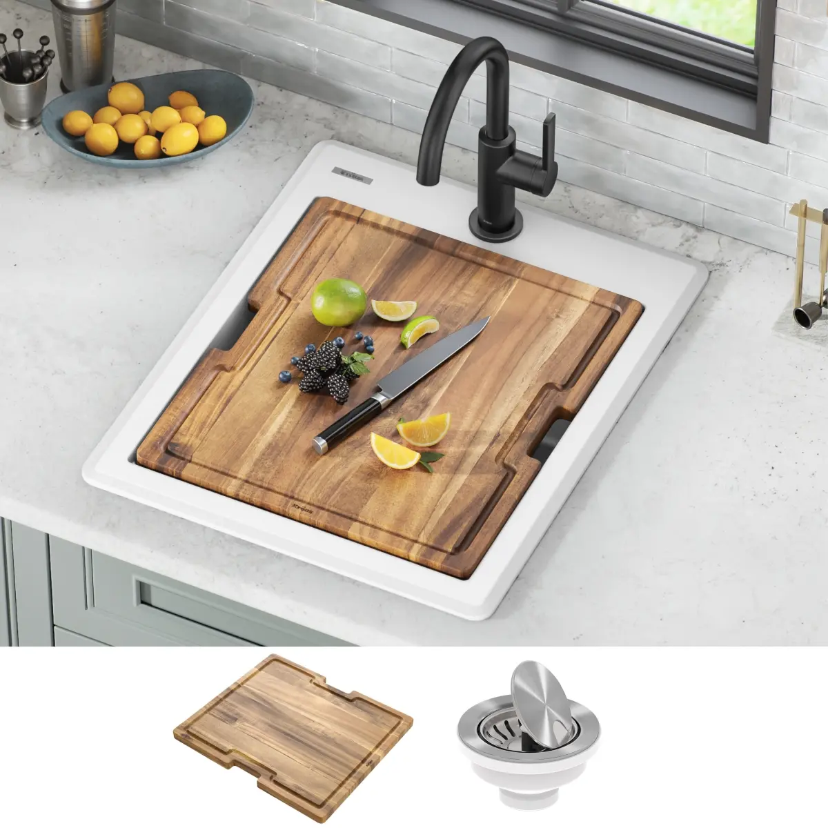 Kraus KGTW12-18WH 18 in. Bellucci Granite Composite Workstation Drop-In Top Mount Single Bowl Kitchen Bar Sink with Accessories, White