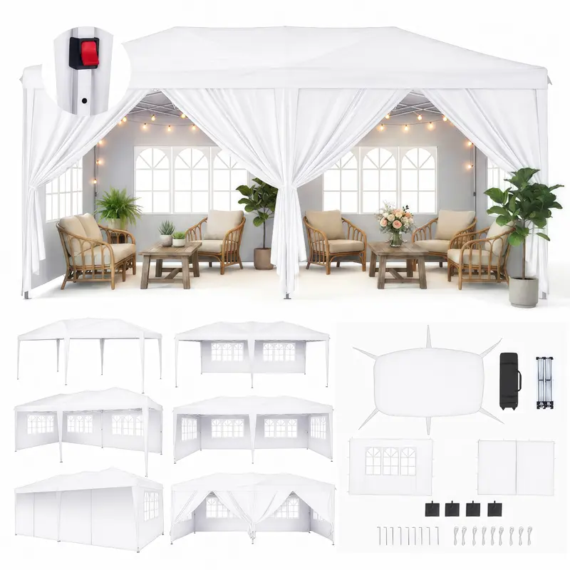 NorthSky 10x20 FT Sturdy Pop Up Canopy Tent, 420D Waterproof UV-Blocking Oxford Fabric, Triangular Top, 3-Level Adjustable Wind-Safe Frame, 78-82" Height Set, 6 Sidewalls, Mosquito Netting, Reinforced Steel Wind Accessories for Wedding Camping