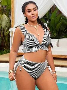 Plus Size Bikini Two-Piece Set, V Neck Ruffle Wide Shoulder Straps, High Waist Drawstring Butt Lifting Bottoms, Stripe Print, Summer Beach Fashion, High Waisted Swimsuit, Striped Print Bikini