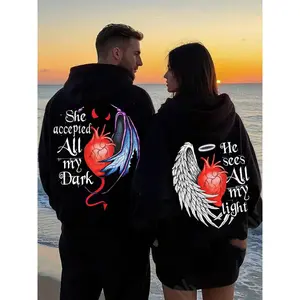 Men's & Women's Matching Couple's Hooded Sweater - She Accepted All My Dark / He Sees All My Light Loose Fit Long Sleeve Pullover With Pockets, Cozy Casual Winter Sweater For Couples, Machine Washable Matching Outfits For Valentine's Day Gifts