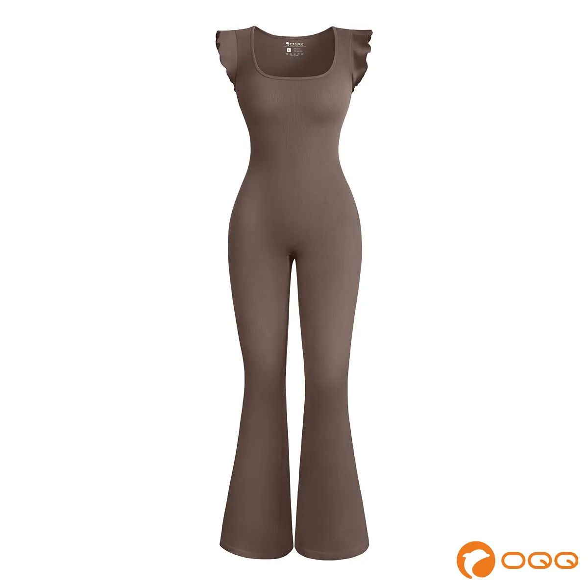 OQQ Jumpsuits For Women Ribbed Square Neck Ruffles Sleeveless Flare Long Pants Stretchy Soft Party Jumpsuits Womenswear Lady Comfort Bridal Basic