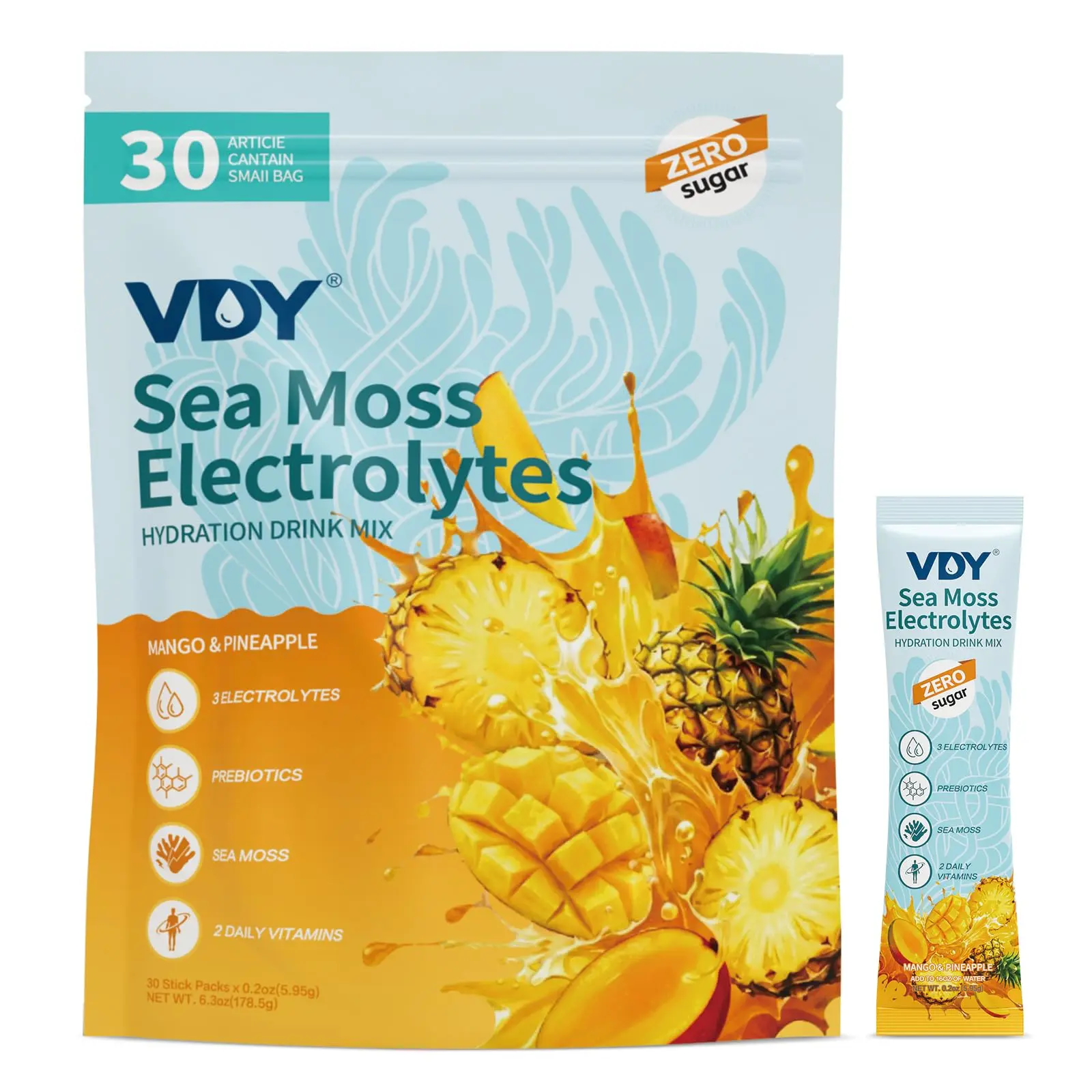 Sea Moss Electrolyte Dietary Rehydration Powder Packets - 30 Single Bags, Sugar-Free, 0-Calorie, Gluten-Free Powdered Beverage Mix, Mango Pineapple Flavor Packets for Water, Hydrates for Fitness