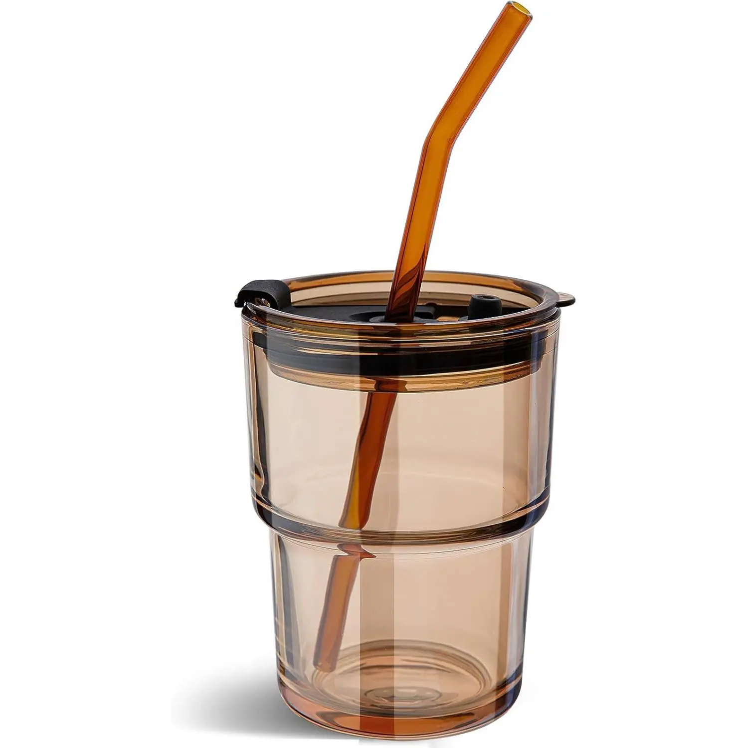 13oz Amber Cute Design Glass Tumbler with Lid & Straw - Reusable Home Kitchen Drinkware for Coffee Lovers, Iced Coffee