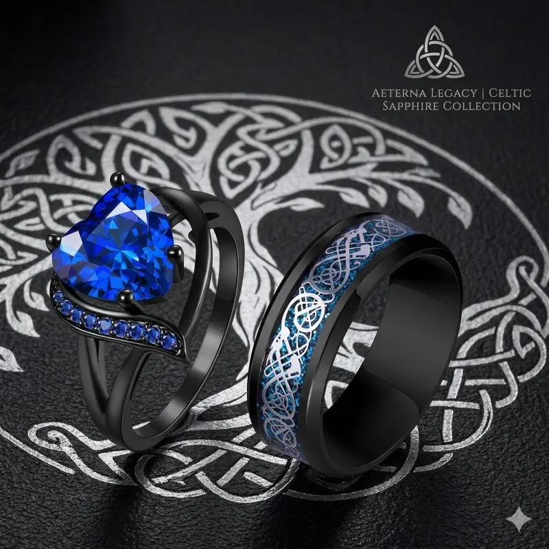 Couple's Matching Stainless Steel Wedding Ring Sets - Dragon Shaped Black Color Coordinated Rings, Inlay Heart Zirconia Bridal Engagement Promise Bands, Black Ring
