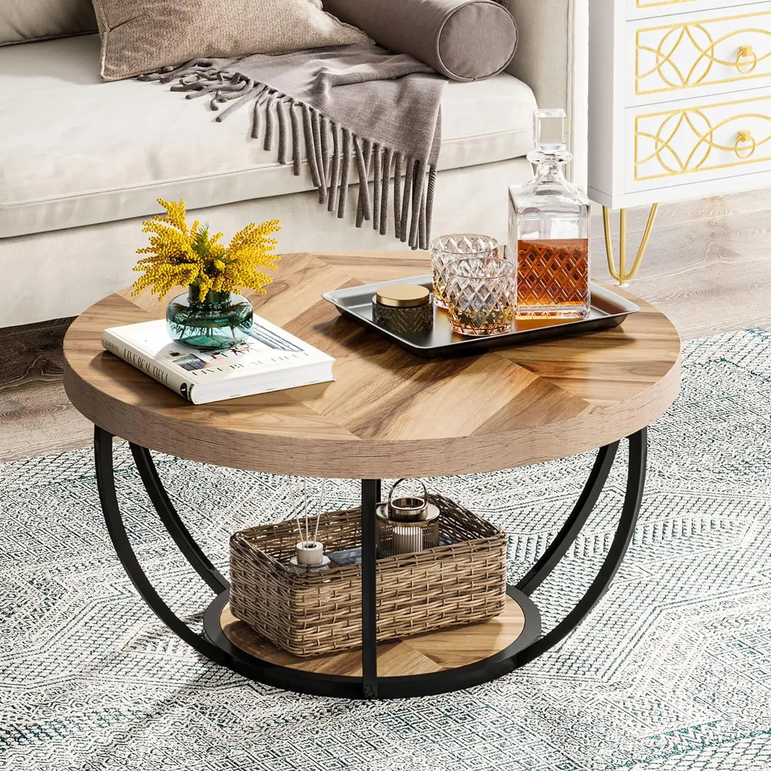 Tribesigns Round Coffee Table, Industrial 2-Tier Circle Coffee Table with Storage Shelves, Modern Accent Center Table, for Living Room, Home Office