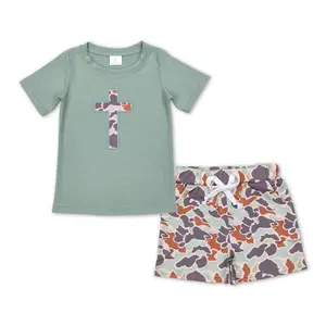 Boys' Fitted 2-Piece Super Soft Cotton Outfit Set - Short-Sleeve Camo Cross Top & Bottoms, Easter Sunday Spring Vibe Design, Ideal for Family Photos