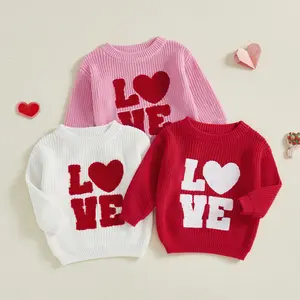 Babamoon Toddler Baby Boys Girls Valentine's Day Sweater Long Sleeve Crew Neck Letter Love Heart Embroidery Knit Tops Newborn Pullover 0-18M