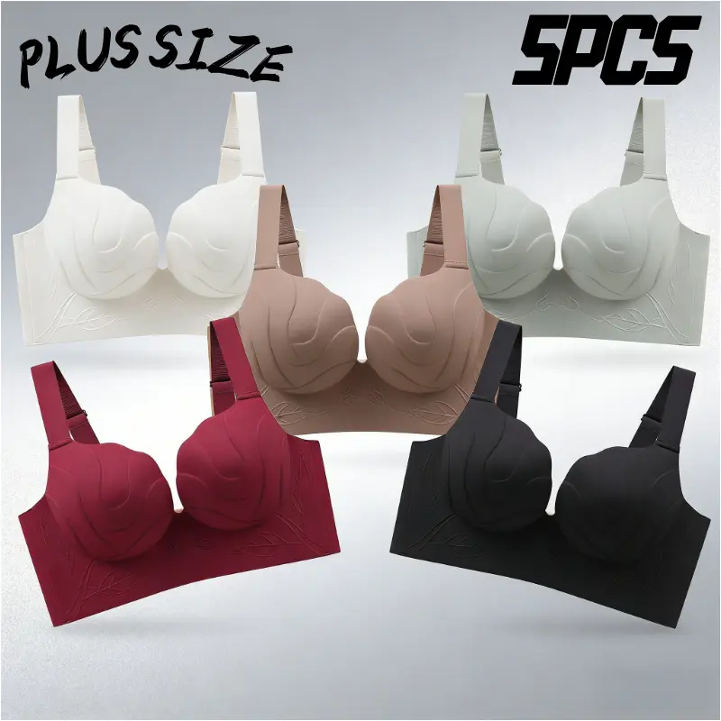 5-piece set of plus size multi-color women's gathering bra with minimal chest circumference, push ups, side support, anti sagging, wireless comfort, no steel ring bra, suitable for daily wear, comfortable and soft bra