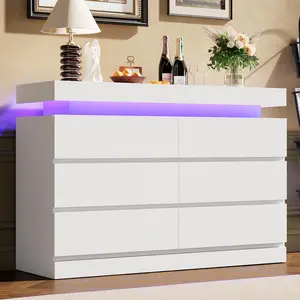 6-Drawer Storage Dresser with LED Lighting and Charging Station, Modern Double Chest with Open Shelf for Bedroom, Living Room & Entryway