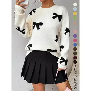 Fashion Bow Print Casual Loose Knit Sweater Pullover For Autumn And Winter Women'S Pullover, New Long Sleeved Sweater