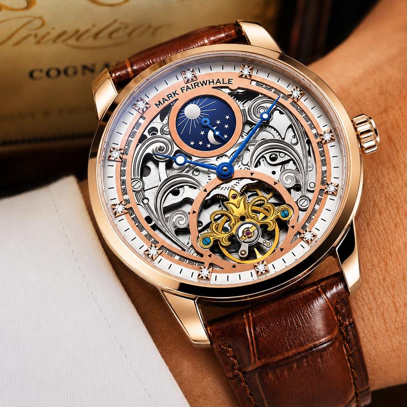 MARK FAIRWHALE Men’s Luxury Automatic Mechanical Tourbillon Analog Watch - Classic Round Dial, Stainless Steel Strap, Waterproof Hollow Design, High Quality Business Fashion Watch, Ideal Gift with Exquisite Box for Business Meetings, Analog Watches