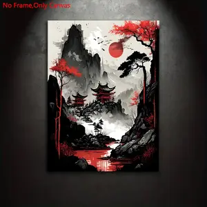 1 piece/set frameless canvas painting print poster, Unframed wall art, classic Artistic ink art, red moon Japan, perfect gift for Japanese scenery lovers, ideal gift for bedroom, living room, mural, wall decor