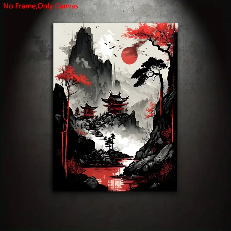 1 piece/set frameless canvas painting print poster, Unframed wall art, classic Artistic ink art, red moon Japan, perfect gift for Japanese scenery lovers, ideal gift for bedroom, living room, mural, wall decor