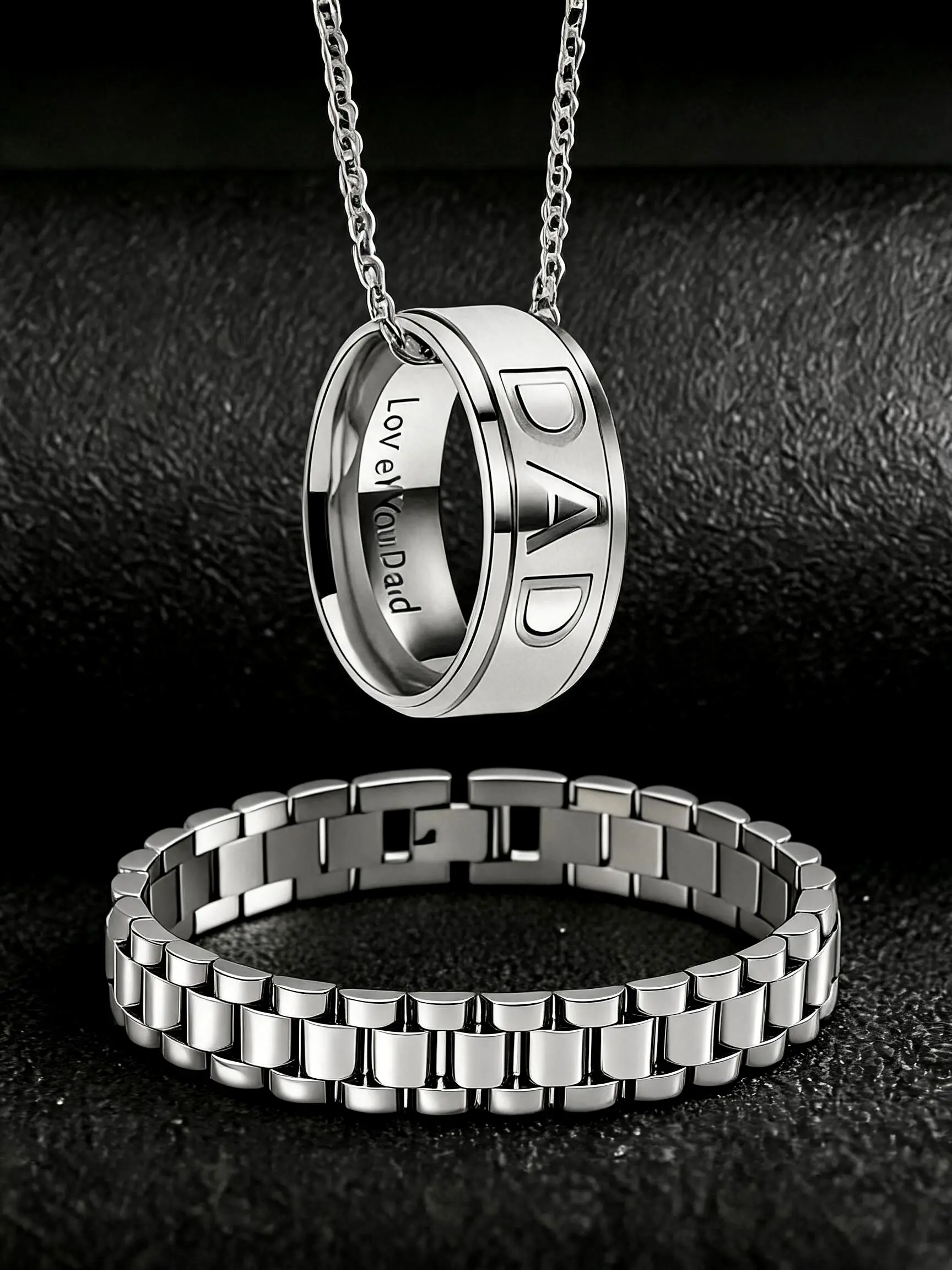 Premium Father's Day 2-Piece Gift Set: Retro "DAD" Engraved Ring & Necklace with Men's Titanium Steel Bracelet. Stylish Customizable Present for Dad, Suitable for Daily Wear, Parties, Christmas, Valentine's Day & New Year Men Jewelry