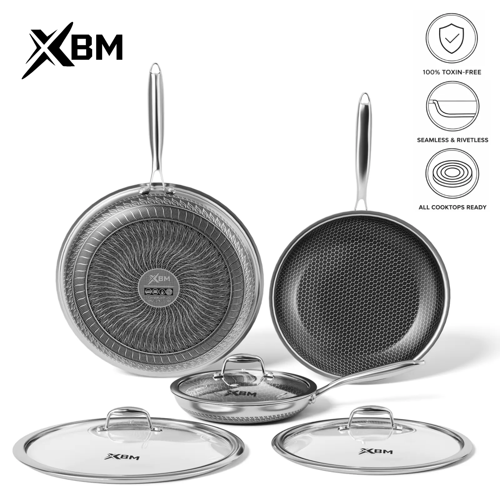 XBM Professional Hybrid Nonstick Frying Pan & Skillet Set, Rivetless Seamless Interior, 100% PTFE/PFOA Free Ceramic Honeycomb Coating, Tri-Ply Stainless Steel, Induction Ready Cookware Metal Glass Handles Lid Oven, Honey Comb, Healthy Cooking, 500°F Oven
