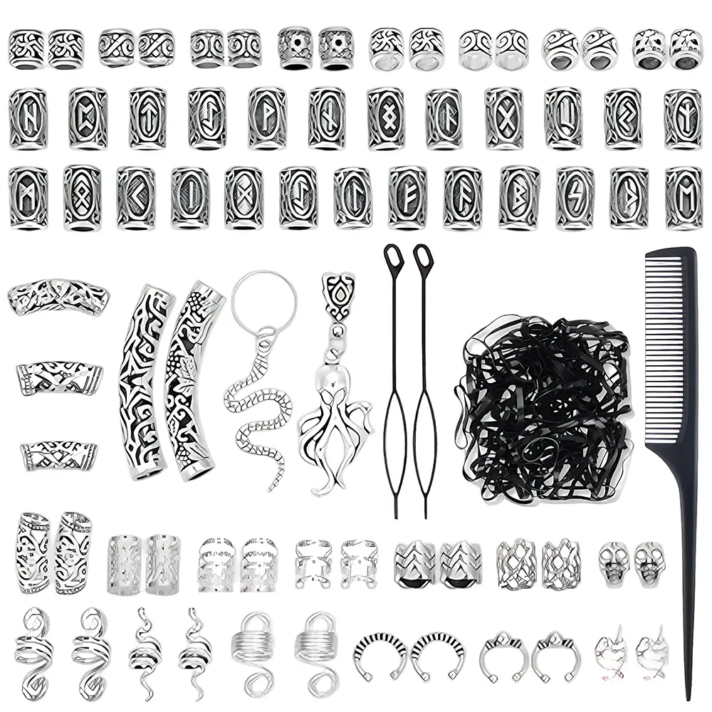 1Set Vikings Hair Jewelry Norse Runes Tube Beads, Metal Clips Cuffs Rings, Accessories for Braids Dreadlocks Beads for Braiding Beard Decoration Bracelets Pendant Necklace DIY