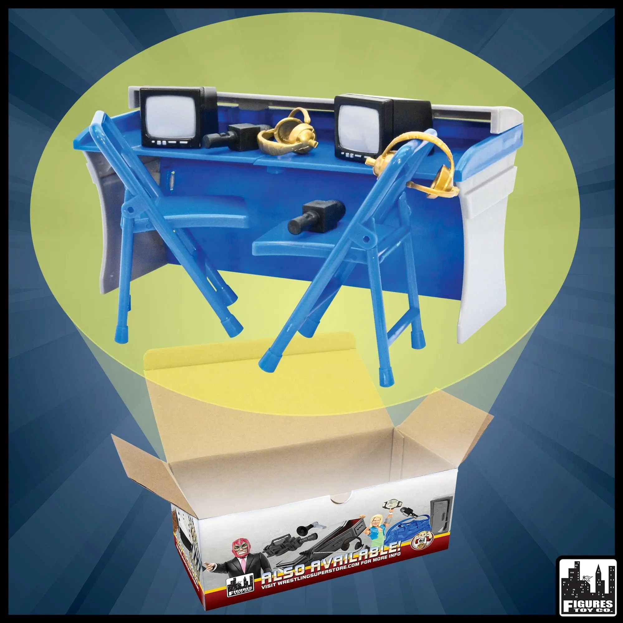 Blue & Gray Commentator Table Playset for WWE & AEW Wrestling Action Figures