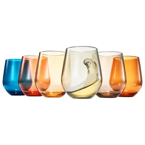 Khen European Style Shatterproof Tritan Stemless Wine Glasses, Acrylic Glass Drinkware, Unbreakable Colored, 6 - Set - BPA-free plastic, Reusable, Dishwasher Safe, All Purpose Glassware 15oz - (Muted)
