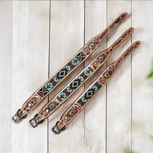 Turquoise and Red Southwest tooled leather dog collar 