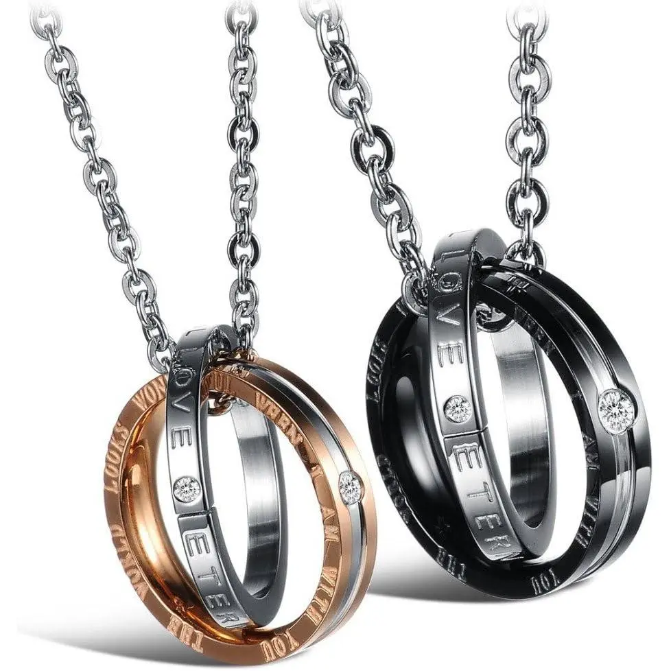 His & Hers Couples Necklaces, Stainless Steel Matching Sets with Crystal Accents and Customizable Engraved Text Pendants, Women's Matching Sets, Hypoallergenic, Two Sizes