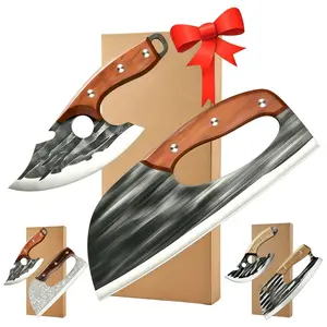 Hand Forged Cleaver & Boning Knife Gift Set, Knives Multipurpose for BBQ Camping Home Cooking, Perfect Gift for Men