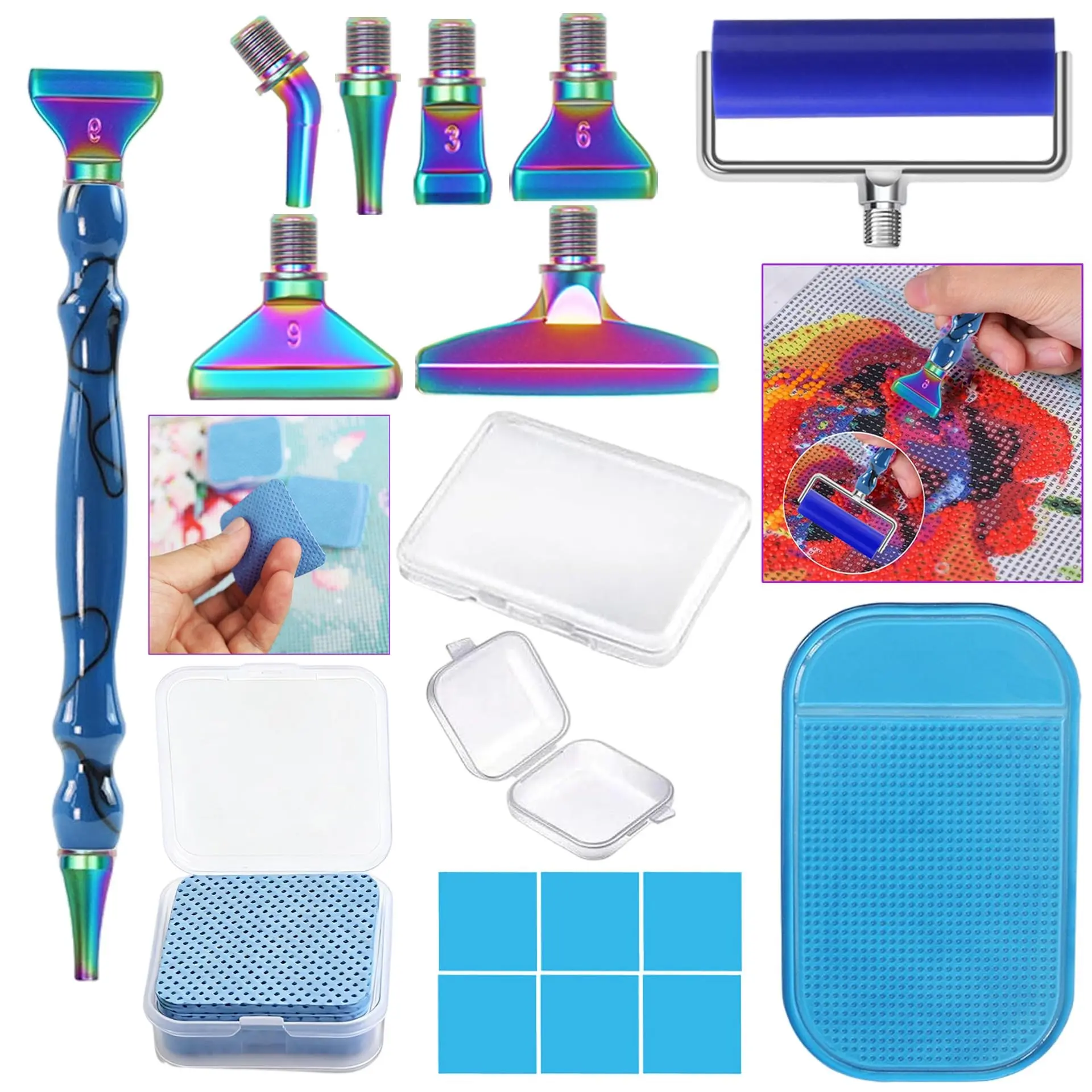 DIY Resin Diamond Painting Art Drill Pen Set, Diamond Painting Kit, Diamond Art Tools, Includes 6 Stainless Steel Tips, Point Drill Pens, 6 Clay Blocks, Roller, Cleaning Papers