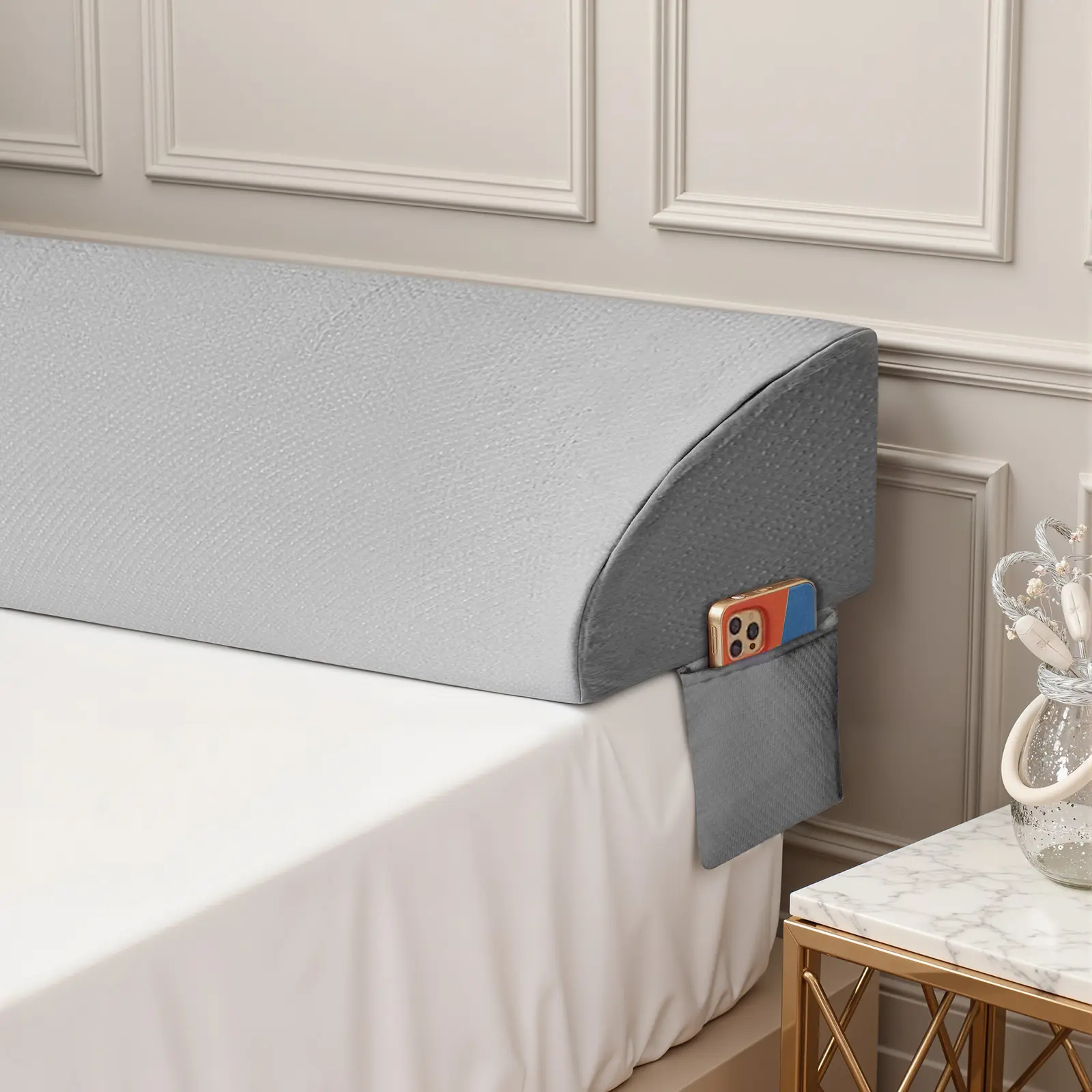 Triangle Shape Headboard Bed Wedge Pillow - High-Density Foam Reading Pillow, Fits 0-8" Mattress-Headboard Gaps, With Phone & Remote Pockets, Washable Cover, Foam Reading Pillows