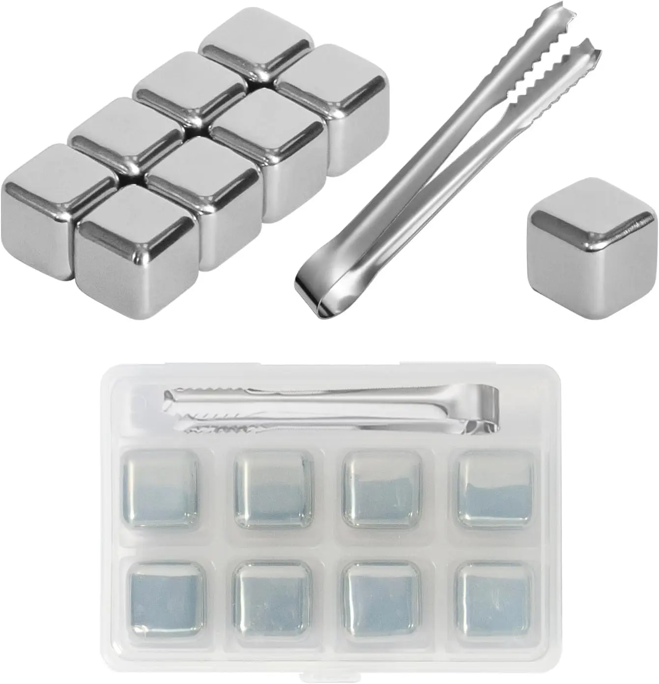 6/8 Pcs Reusable Stainless Steel Ice Cubes with Ice Tong, Chilling Whiskey Stones No Dilution for Whiskey Vodka Wine Soda Juice, Ideal Bar Accessory & Father’s Day Gift