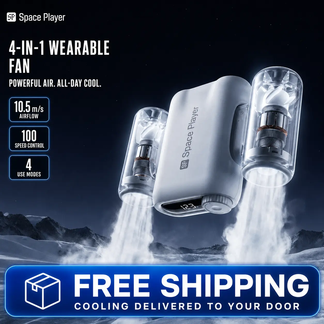 Spaceplayer Portable Wearable Cooling Fan - 9000mAh 4-in-1 Clip-on Belt/Neck/Waist-Worn Rechargeable Device with PCM Ice Cooling, Dual Motors, LED Light, Cells for Outdoor Camping, Waist Cooling Fan