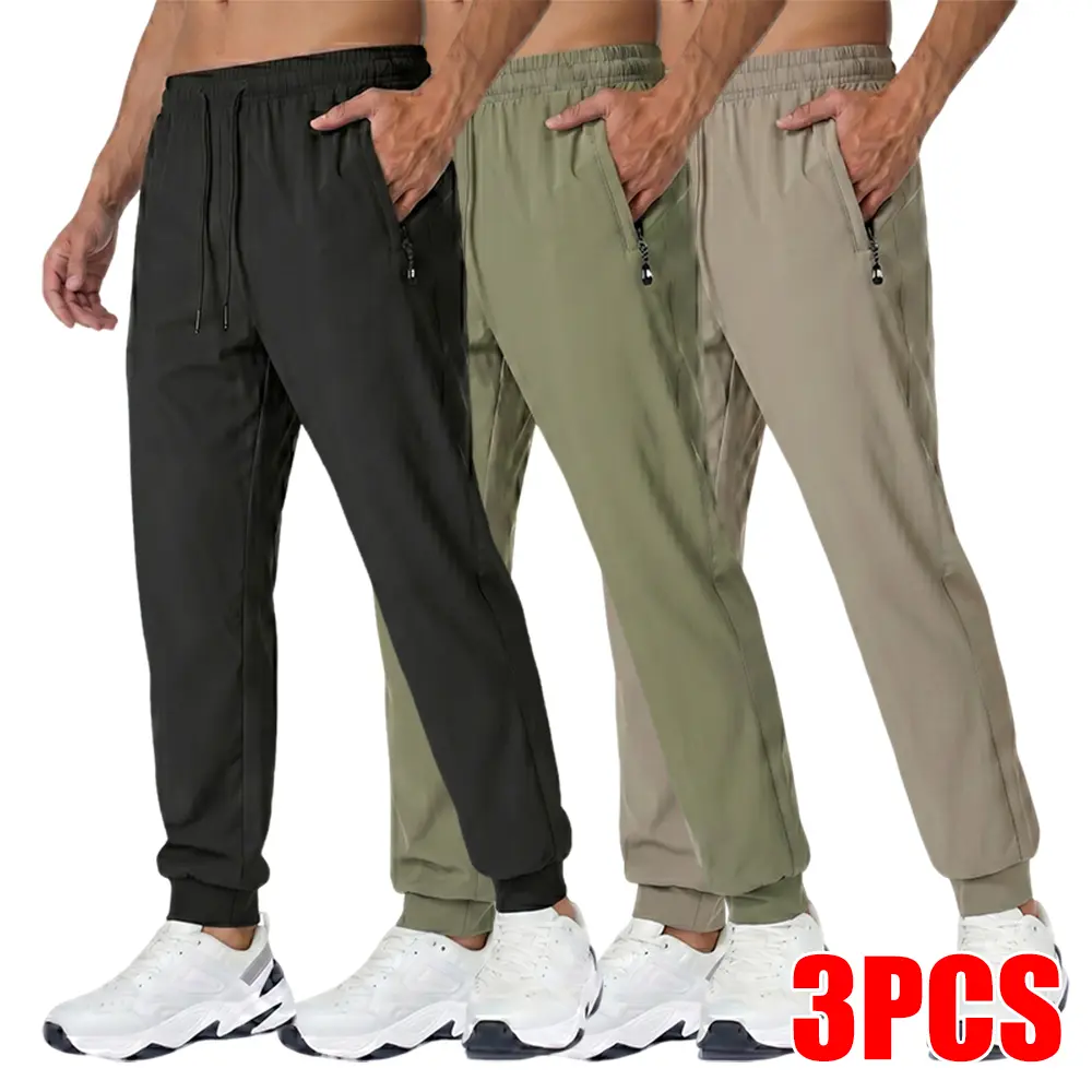 Men's 3 Pack Comfort Fit Quick Dry Joggers, Elastic Drawstring Athletic Pants with Zipper Pockets for Gym, Running & Summer Adventures
