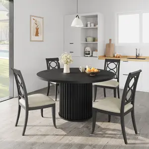 47" Round Dining Table for 4-6 People, Farmhouse Circle Kitchen Table with Sturdy Waveform Metal Pedestal Base（Chairs Not Included）