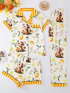 Women's Sleepwear Set, Button-Front Short Sleeve Top & Loose Comfortable Shorts/pants with Pockets, Casual Sunflower Highland Cow Lemon Pattern Prints, All Seasons Loungewear Pajama Set, Pajamas Lounge Set