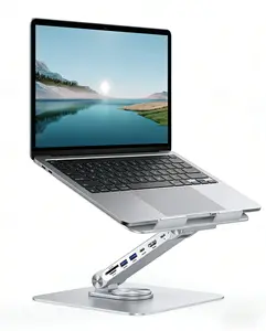 Adjustable Laptop Stand with 8 in 1 USB C Hub, Foldable Portable Computer Notebook Stand with 360° Rotating Base, Riser Holder Mount for All 10-17" Laptops (Gray)