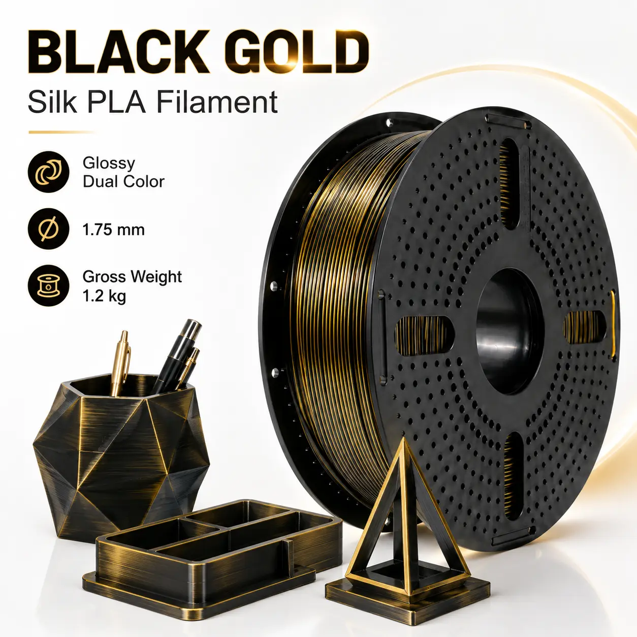 Black & Gold Dual-Color Silk PLA 3D Printing Filament, FDM printing material, 1.2 kg spool, striking dual-color effect, individually wrapped, moisture-resistant, silky smooth filament feed, high strength and durability, suitable for home printing and stud