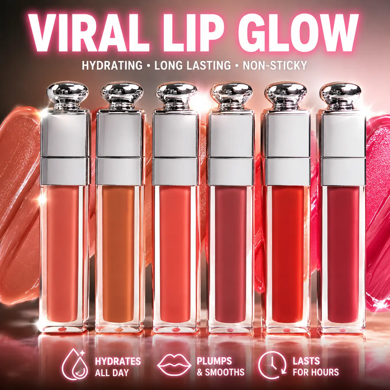 Multi-color luminous lip glaze set | High-shine glass lips | Moisturizing, non-greasy | Long-lasting color payoff | Nude, orange, red gradient | A must-have lipstick for everyday wear and dates Gloss