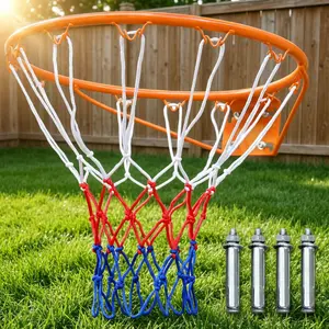 18“Basketball Rim with Net, Heavy Duty Steel Outdoor/Indoor Basketball Hoop Replacement, All-Weather Rustproof Rim w/ Tri-Color Net, Wall or Door Mounted Basketball Goal for Kids Teens Backyard Garage Training