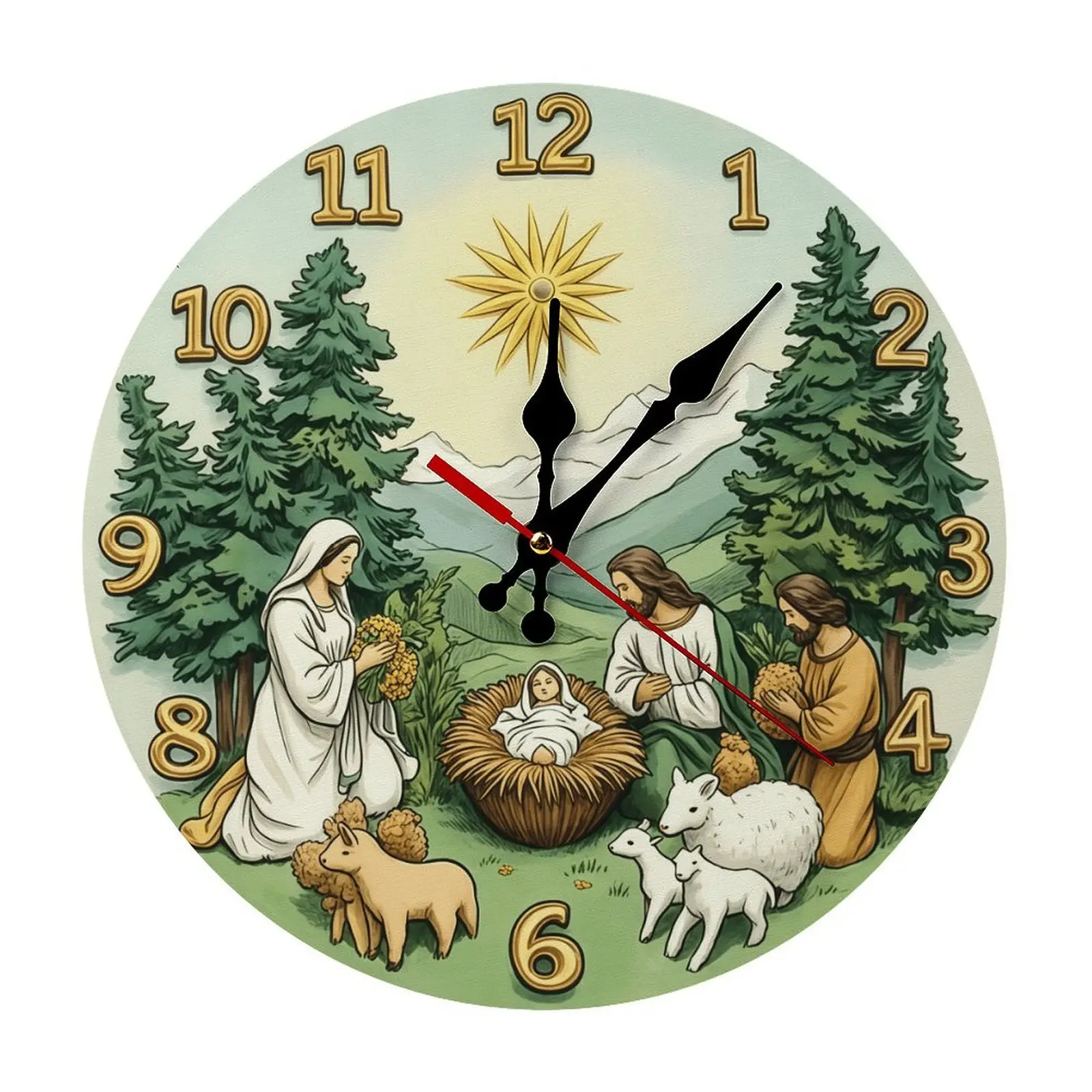 Vintage Wooden Round Silent 5mm Analog Christmas Wall Clock - Decorative Religious Holiday Home Decor, Perfect Gift for Believers (Battery Not Included, Displays Accurate Time), Analog Clock