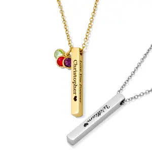 JEXIVA Personalized Name Engraved 3D Vertical Pillar Bar Necklace – Customized Pendant for 1-4 Sides – Non-Tarnish Stainless Steel – Gold/Silver – Adjustable Chain – Gift for Her, Mom/Dad With Kids Names