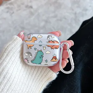 Dino Fantasy World Pattern TPU Soft Protective Case for Apple AirPods 4/3/2/1/Pro/Pro2 Transparent Earphone Cover with Keychain Attachment