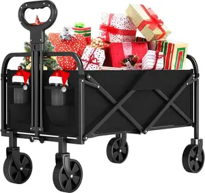 Wagons Carts Foldable, GarveeLife Utility Collapsible Wagon with All-Terrain Wheels, Drink Holders & Adjustable Handle, 380LBS Portable Grocery Wagon for Shopping, Camping, Garden