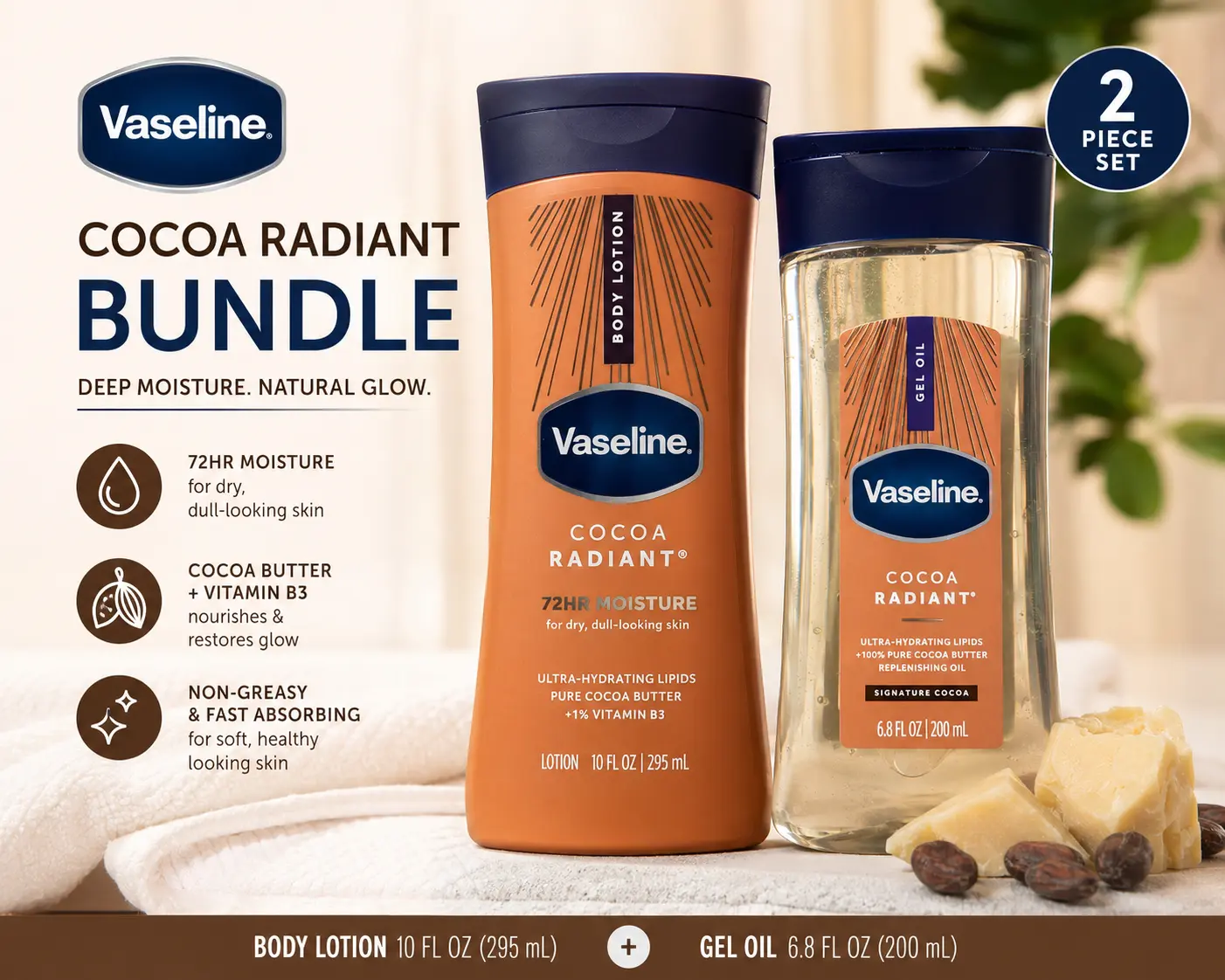 Vaseline Cocoa Radiant Body Care Set - Hydrating Moisturizer Cream and Lotion for Dry Skin