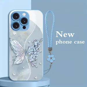 Butterfly Flower Series Metallic Paint Glass Phone Case with Lanyard for iPhone 16/16Plus/16Pro/16ProMax/15/15Plus/15Pro/15ProMax/14/14Plus/14Pro/14ProMax/13/13Pro/13ProMax/13Mini/12/12Pro/12ProMax/12mini/11/11ProMax Cute Couple Style Simple Lightweight B