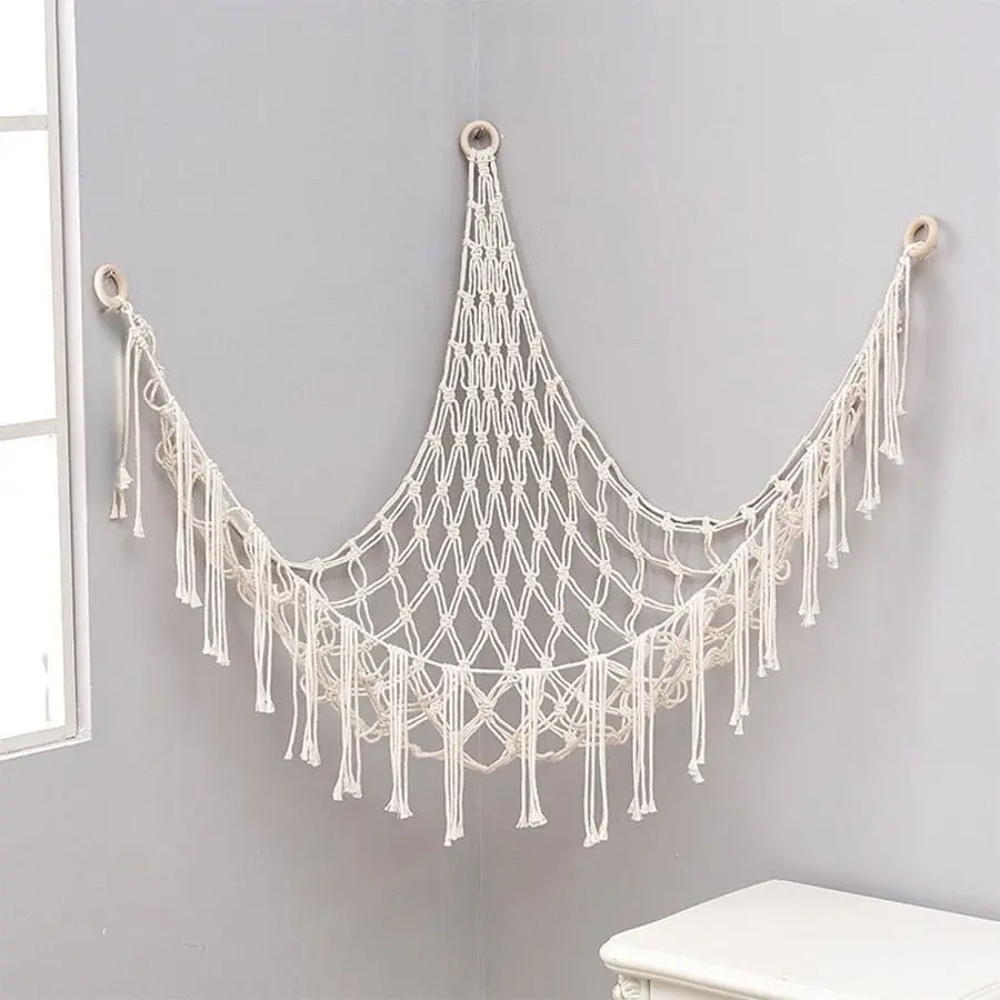 Plush Toy Storage Net, Hand-Woven Rope Wall-Mounted Triangle Organizer, Laundry Organizer, Storage Basket for Living Room, Bedroom or Dorm, Hanging Baskets, Home Storage Organizer