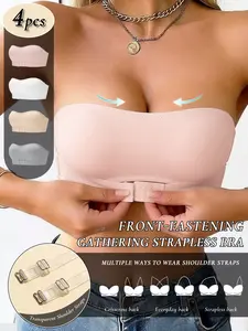 4pcs Front Closure Strapless Bra, Seamless Non-Slip Soft Support Push Up Anti-Sagging Side Smoothing Bandeau Underwear