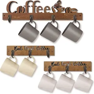 3 Pack Wall Mounted Mug Rack with 10 Sturdy Storage Hooks, Wooden Kitchen Wall Decor, Mug Organizer for Kitchen, Coffee Bar, Office, Wall Mountable