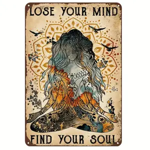Americana Style Yoga Wall Art Print, Vintage Affirmation Design Poster with Inspirational Quote, Metal Metallic Decorative Prints for Bedroom, 12x8 In, No Electricity Needed