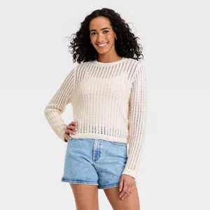 Women's Long Sleeve Crochet Openwork Crewneck Pullover Sweater - Universal Thread Cream M