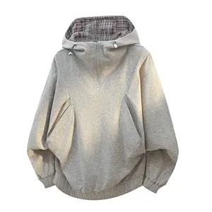 Spring/Summer youth structured half-zip cardigan jacket in a preppy high-street style, loose-fit varsity hoodie outerwear with a fashionable plaid design and a premium feel; versatile hooded long-sleeve zip-up for both men and women. summervibes
