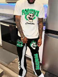 Men's Skull Print Short Sleeve Tee & Drawstring Waist Flare Leg Pants Set, Regular Fit Casual Letter Print Round Neck T-shirt & Pocket Trousers, Men's Summer Clothes, Summer Outfits Set, Menswear
