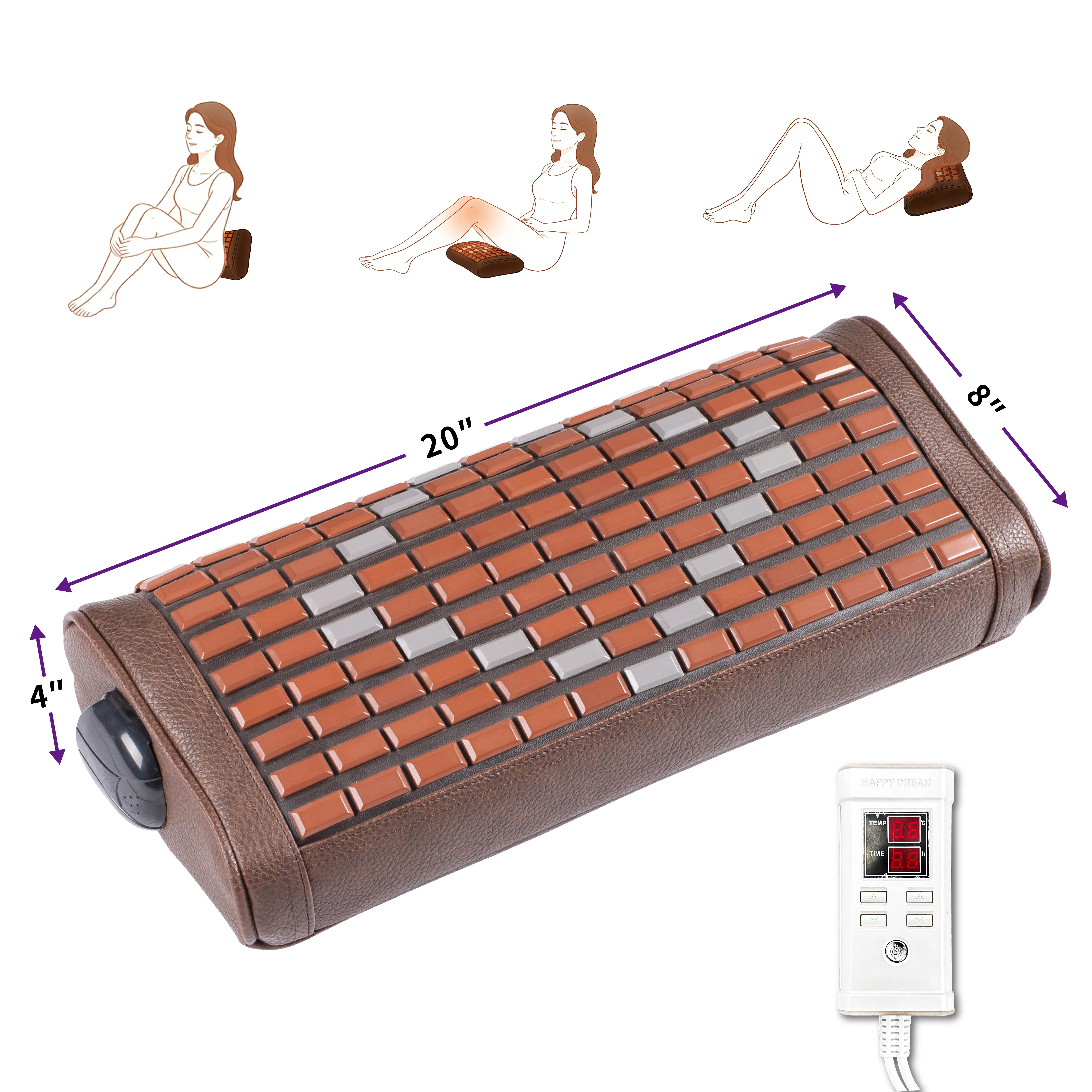 Luxuryade LKT50 Far Infrared Heated Pillow 4"x8"x20" With Tourmaline Germanium Elvan Volcanic Stones Adjustable Timer Water Resistant Warm Thermal Cushion For Neck Head Body Rest, Heated Pad, Hot Compress Heat Pad, Multifunctional Heating Pad Low EMF